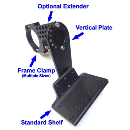 Image of the T-Cycle Configurable Battery Mount labeled components: optional extender, vertical plate, frame clamp (multiple sizes) and standard shelf against a white background.