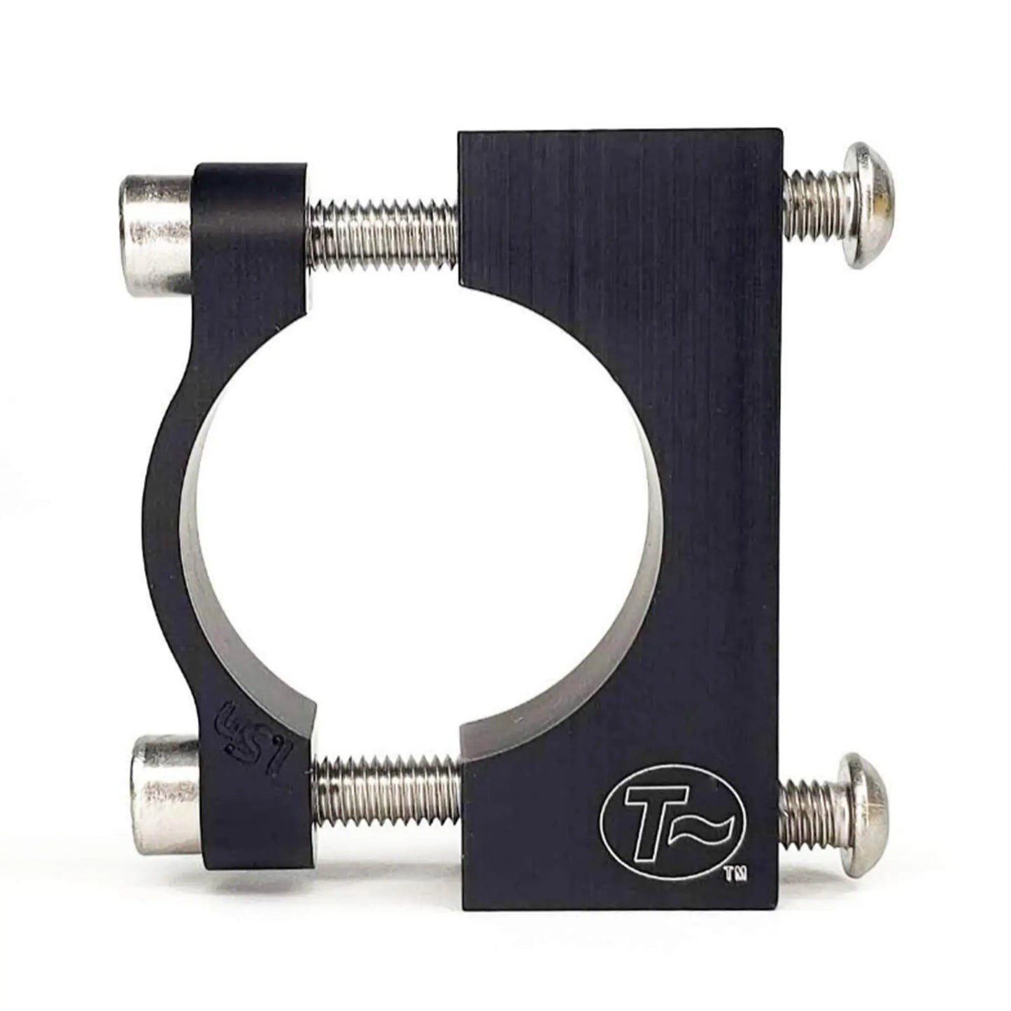 Closeup view of a round clamp for the T-Cycle Configurable Battery Mount against a white background.