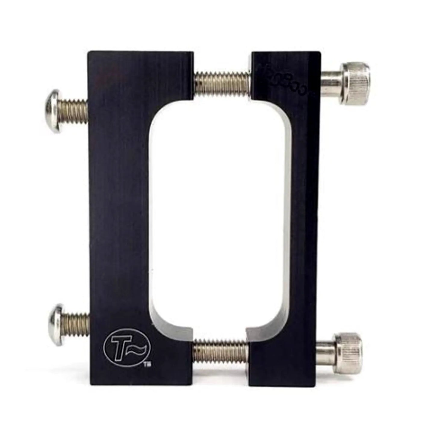 Closeup view of a square clamp for the T-Cycle Configurable Battery Mount against a white background.