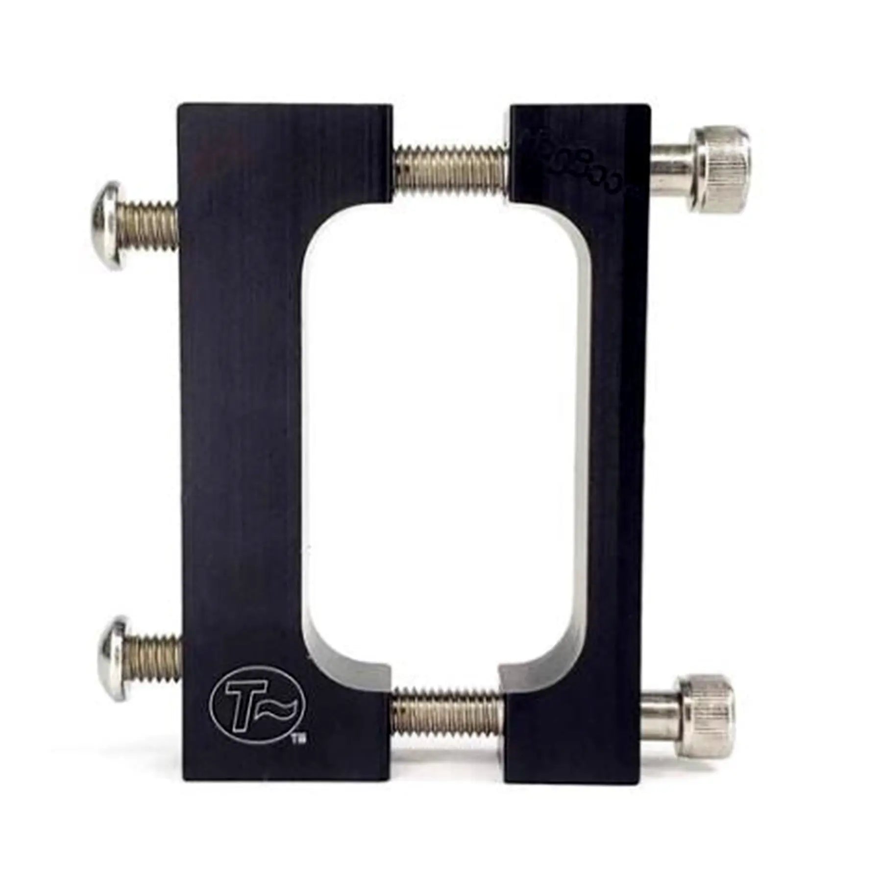 Closeup view of a square clamp for the T-Cycle Configurable Battery Mount against a white background.
