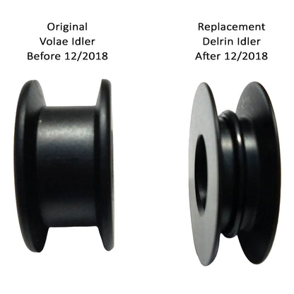 Profile view comparing the original Vaole Front Idler with the T-Cycle Delrin Mini Idler for Tensioners and Volae in black against a white background with text stating that the change happened in 12/2018.