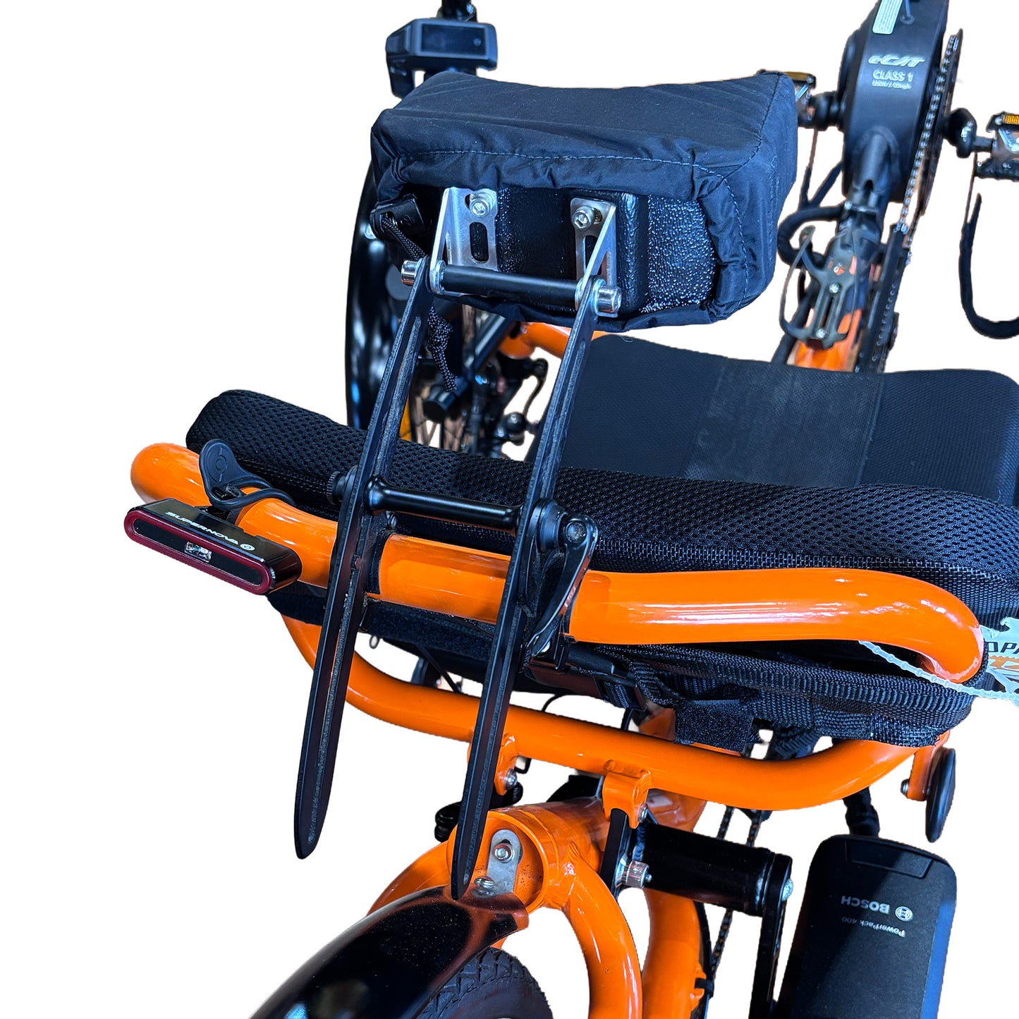 T-Cycle Finer Recliner Medium Neckrest Conversion Kit for Catrike Neck Rests mounted on an orange Catrike Recumbent Trike against a white background.