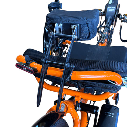 T-Cycle Finer Recliner Medium Neckrest Conversion Kit for Catrike Neck Rests mounted on an orange Catrike Recumbent Trike against a white background.