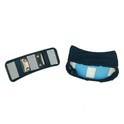 Mounting plate and blue density memory foam in a black cover of the T-Cycle Finer Recliner Medium Neckrest Conversion Kit for Catrike Neck Rests against a white background.