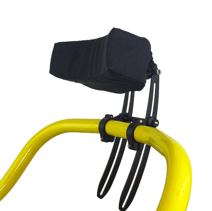 T-Cycle Finer Recliner Medium Neckrest Conversion Kit for Catrike Neck Rests mounted on a Catrike seat  frame against a white background.