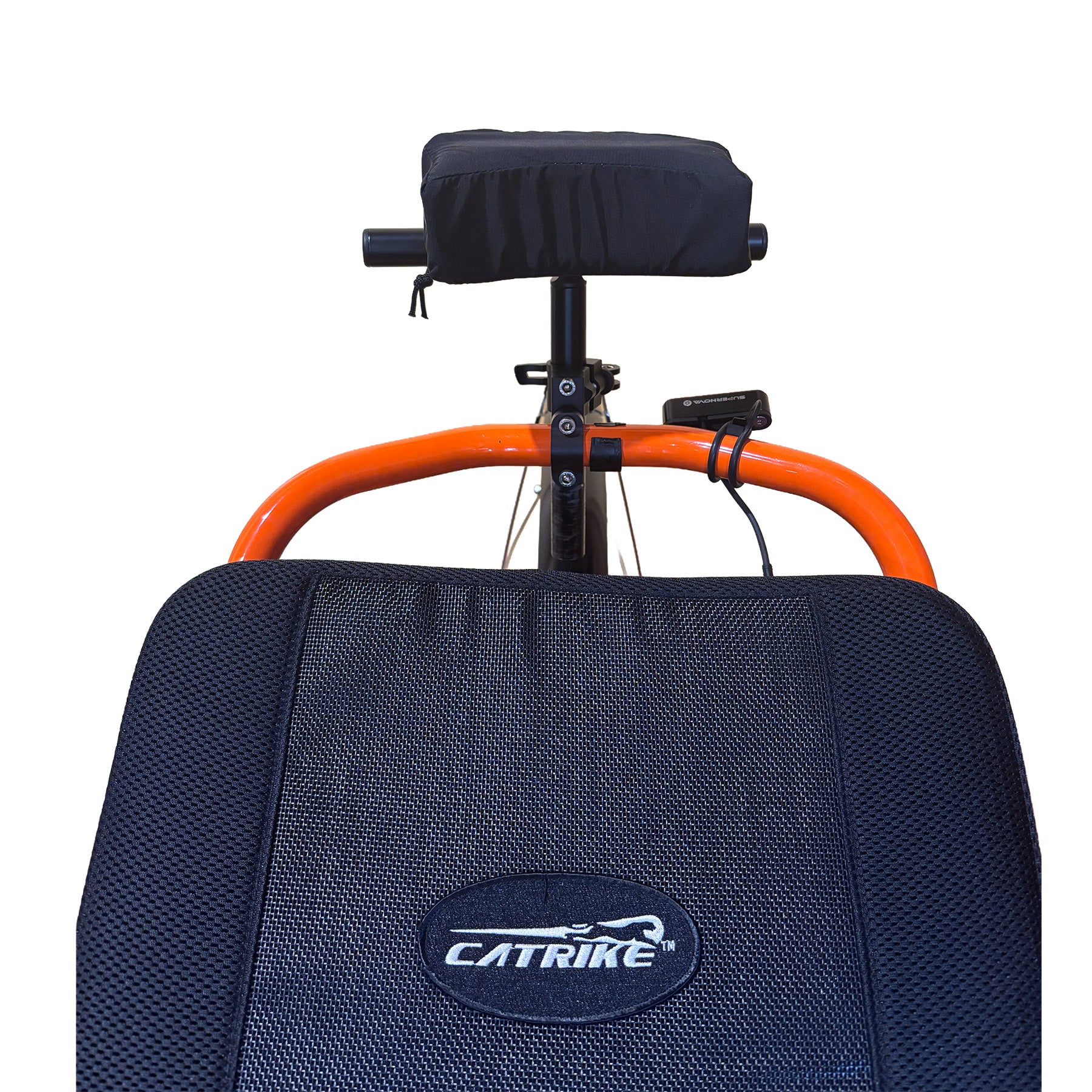 Full front view of the T-Cycle Finer Recliner Medium Neckrest Kit for Catrike Seats mounted on a recumbent trike seat against a white background.