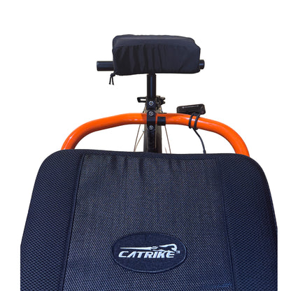 Full front view of the T-Cycle Finer Recliner Medium Neckrest Kit for Catrike Seats mounted on a recumbent trike seat against a white background.