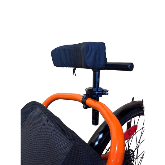 Front view of the T-Cycle Finer Recliner Medium Neckrest Kit for Catrike Seats mounted on a recumbent trike seat against a white background.