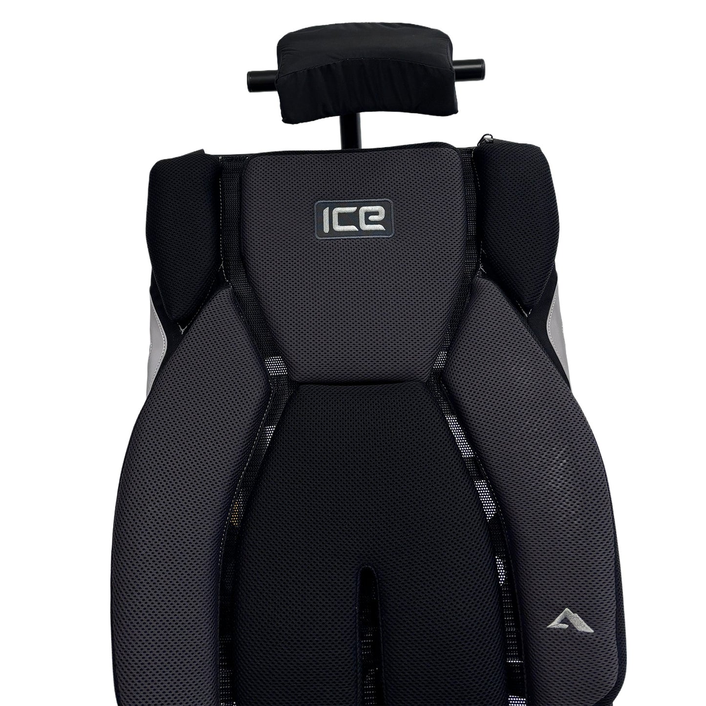 Full front view of the T-Cycle Finer Recliner Medium Neckrest Kit forICE Trike Mesh Seats mounted on a recumbent trike seat against a white background.