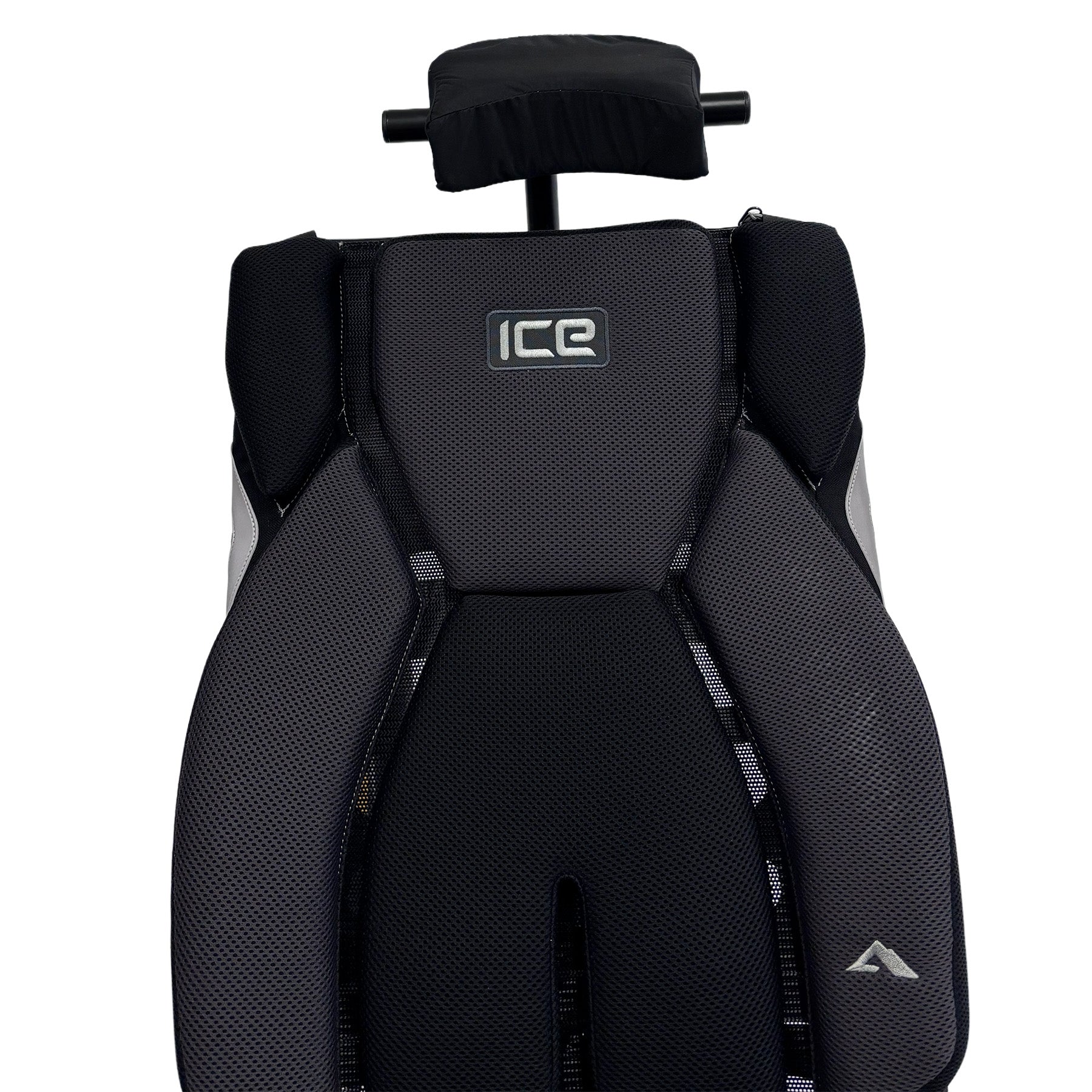 Full front view of the T-Cycle Finer Recliner Medium Neckrest Kit forICE Trike Mesh Seats mounted on a recumbent trike seat against a white background.