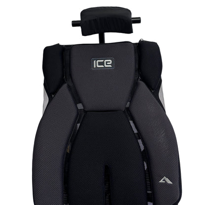 Full front view of the T-Cycle Finer Recliner Medium Neckrest Kit forICE Trike Mesh Seats mounted on a recumbent trike seat against a white background.