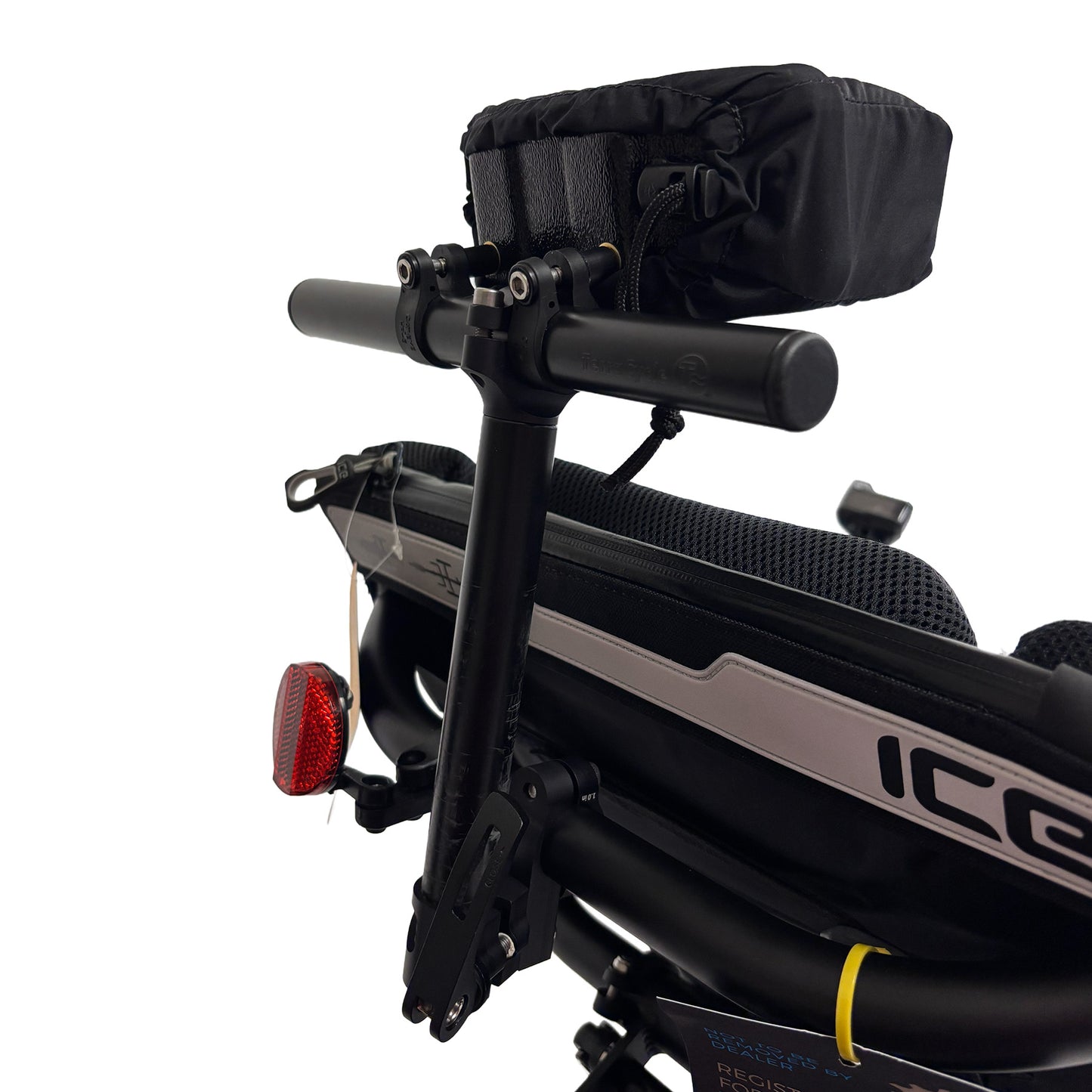 Rear view of the T-Cycle Finer Recliner Medium Neckrest Kit for ICE Trikes Mesh Seats mounted on a recumbent trike seat against a white background.