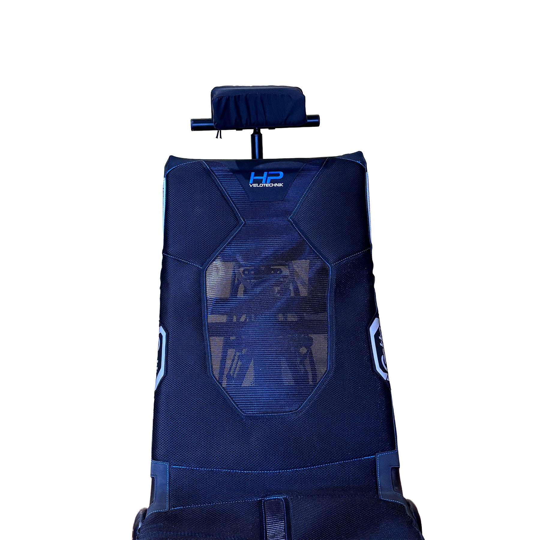 Full front view of the T-Cycle Finer Recliner Medium Neckrest Kit for HP Velotechnik ErgoMesh Classic and Gekko Seats mounted on a recumbent trike seat against a white background.