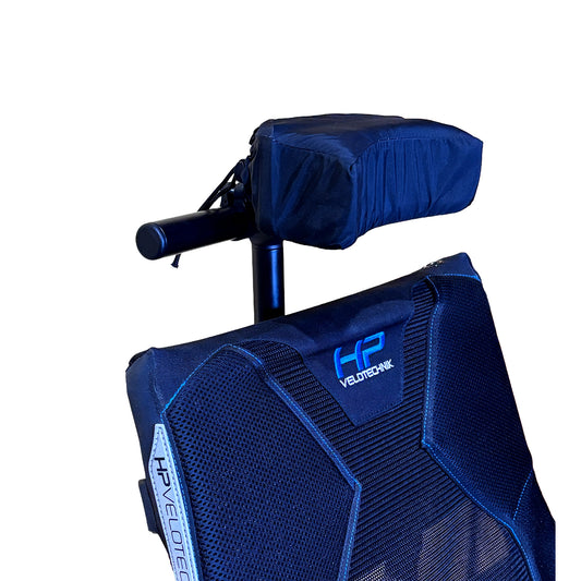 Front view of the T-Cycle Finer Recliner Medium Neckrest Kit for HP Velotechnik ErgoMesh Classic and Gekko Seats mounted on a recumbent trike seat against a white background.