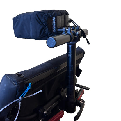 Back view of the T-Cycle Finer Recliner Medium Neckrest Kit for HP Velotechnik ErgoMesh Classic and Gekko Seats mounted on a recumbent trike seat against a white background.