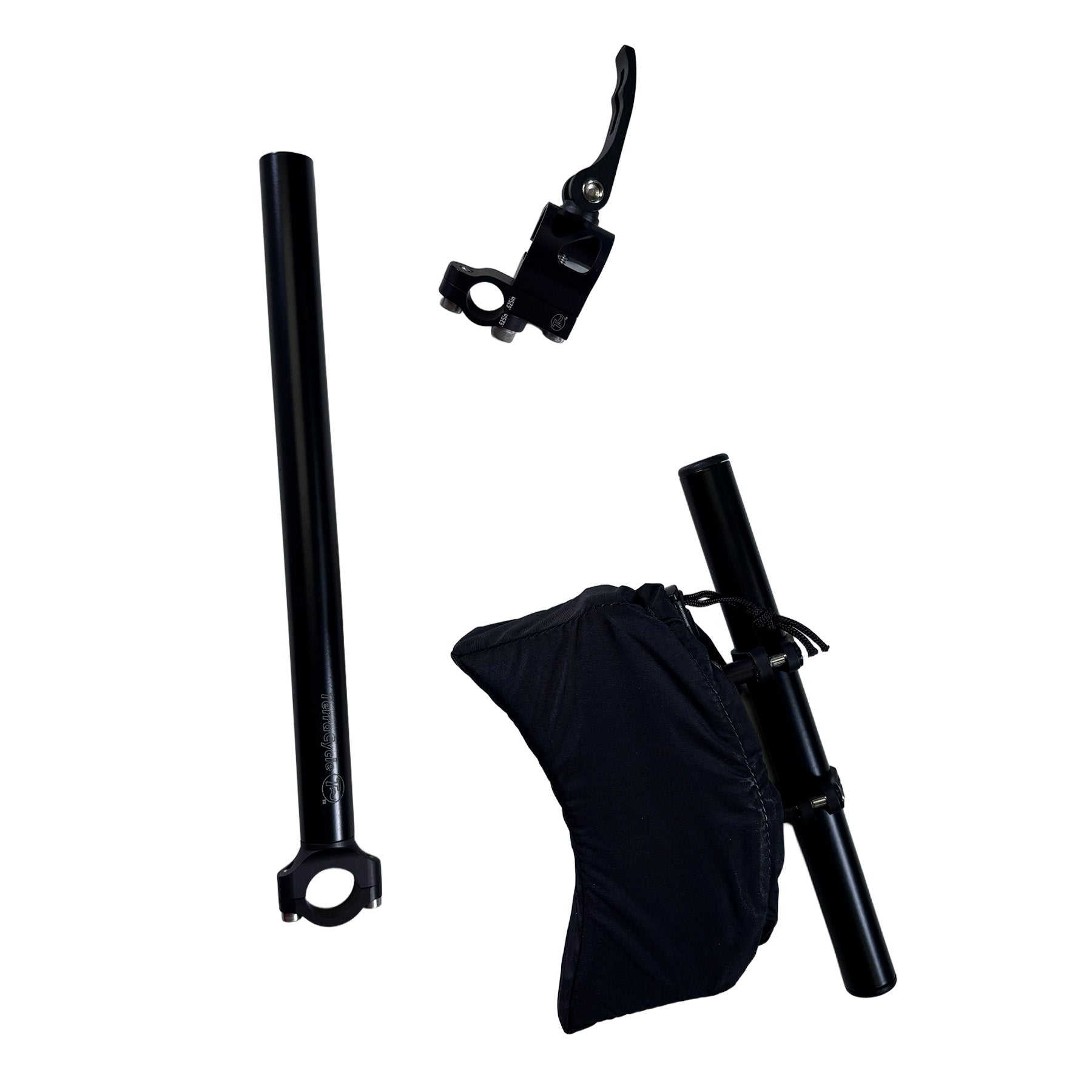 View of the separate components for the T-Cycle Finer Recliner Medium Neckrest Kit for HP Velotechnik ErgoMesh Classic and Gekko Seats against a white background.