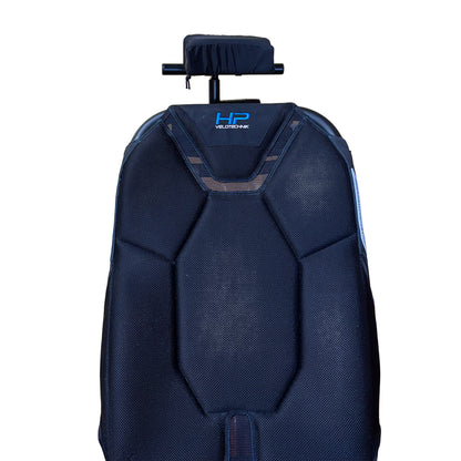 Full front view of the T-Cycle Finer Recliner Medium Neckrest Kit for HP Velotechnik ErgoMesh Premium Seats mounted on a recumbent trike seat against a white background.