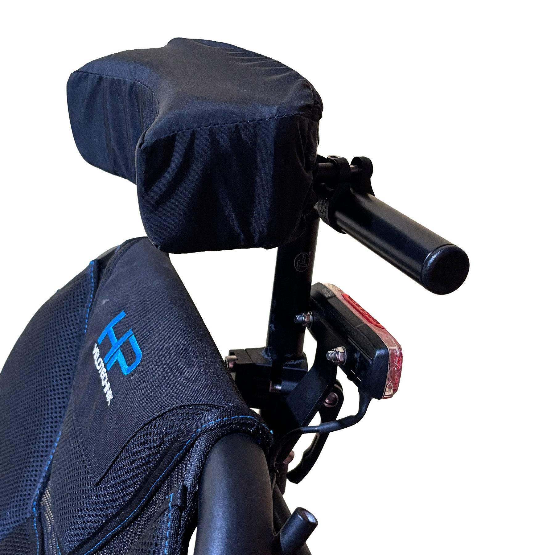 Front view of the T-Cycle Finer Recliner Medium Neckrest Kit for HP Velotechnik ErgoMesh Premium Seats mounted on a recumbent trike seat against a white background.