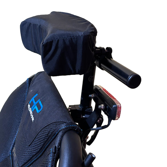 Front view of the T-Cycle Finer Recliner Medium Neckrest Kit for HP Velotechnik ErgoMesh Premium Seats mounted on a recumbent trike seat against a white background.