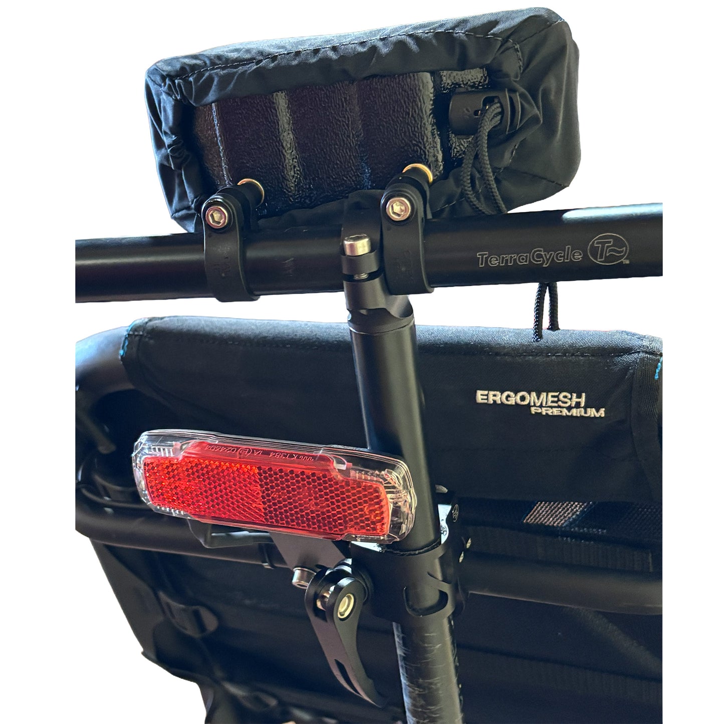 Back view of the T-Cycle Finer Recliner Medium Neckrest Kit for HP Velotechnik ErgoMesh Premium Seats mounted on a recumbent trike seat against a white background.