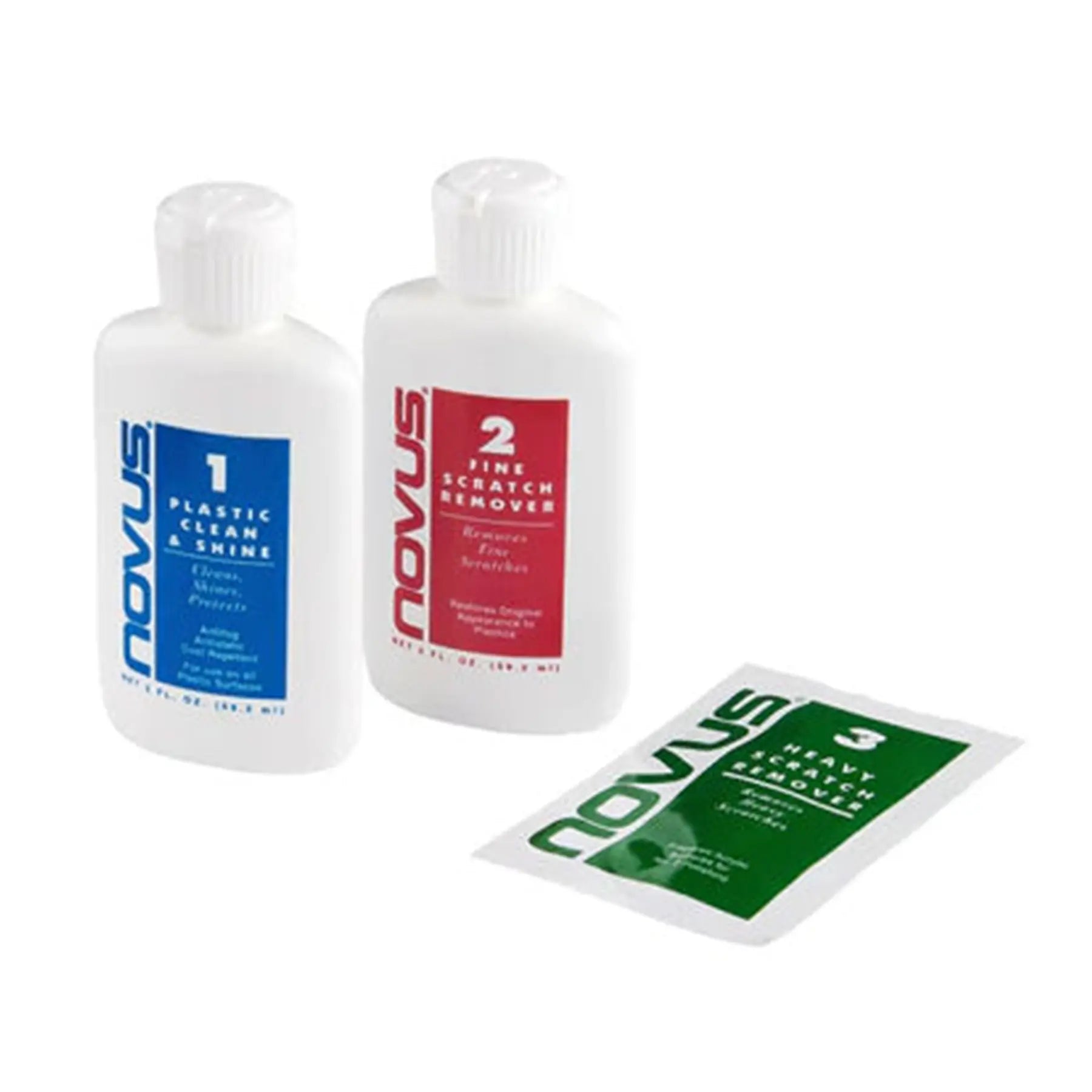 Angled view of the T-Cycle Novus Fairing Polishing Kit containing two bottles  and one packet of polish.