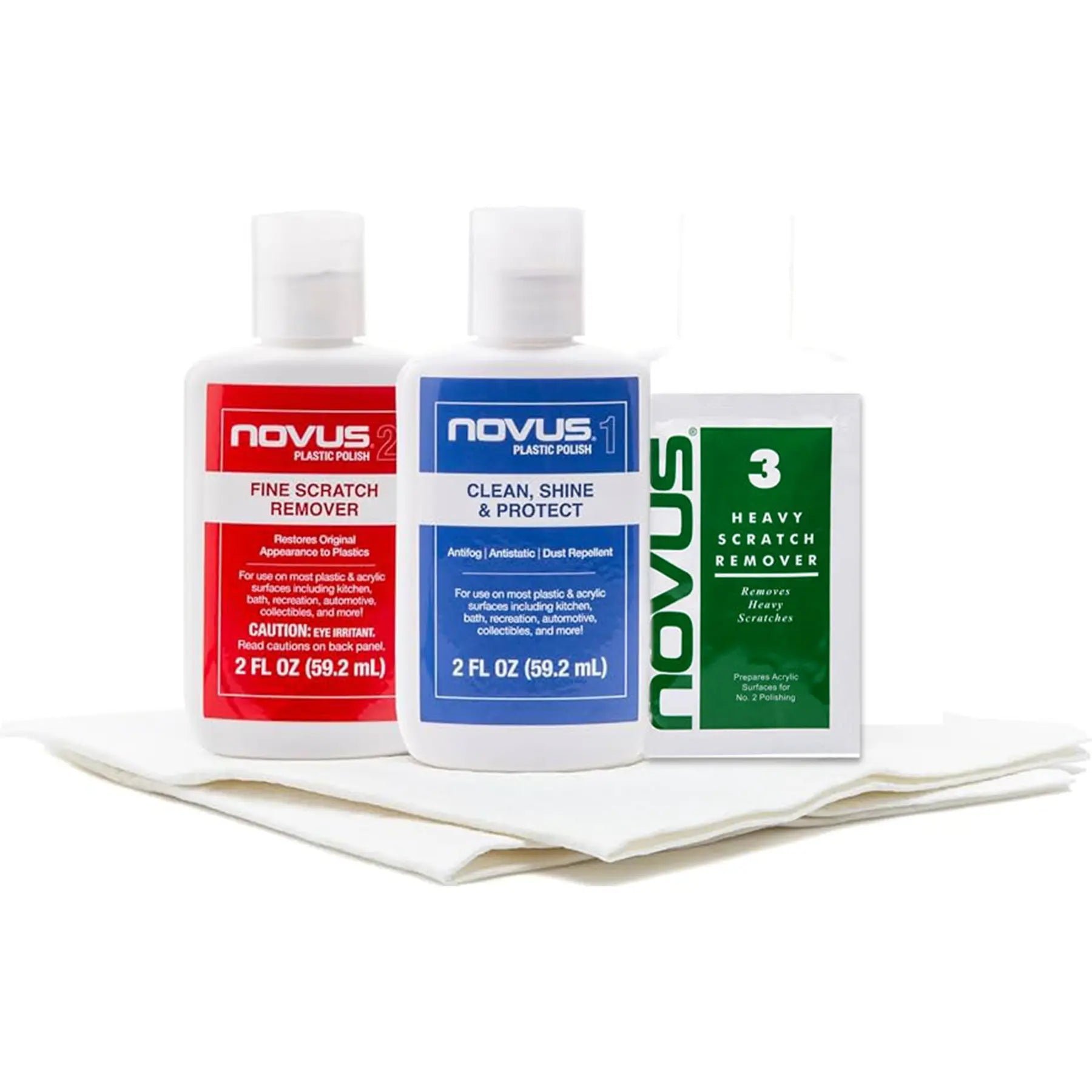 Front view of the T-Cycle Novus Fairing Polishing Kit containing two bottles  and one packet of polish and scratch remover with polishing cloths.