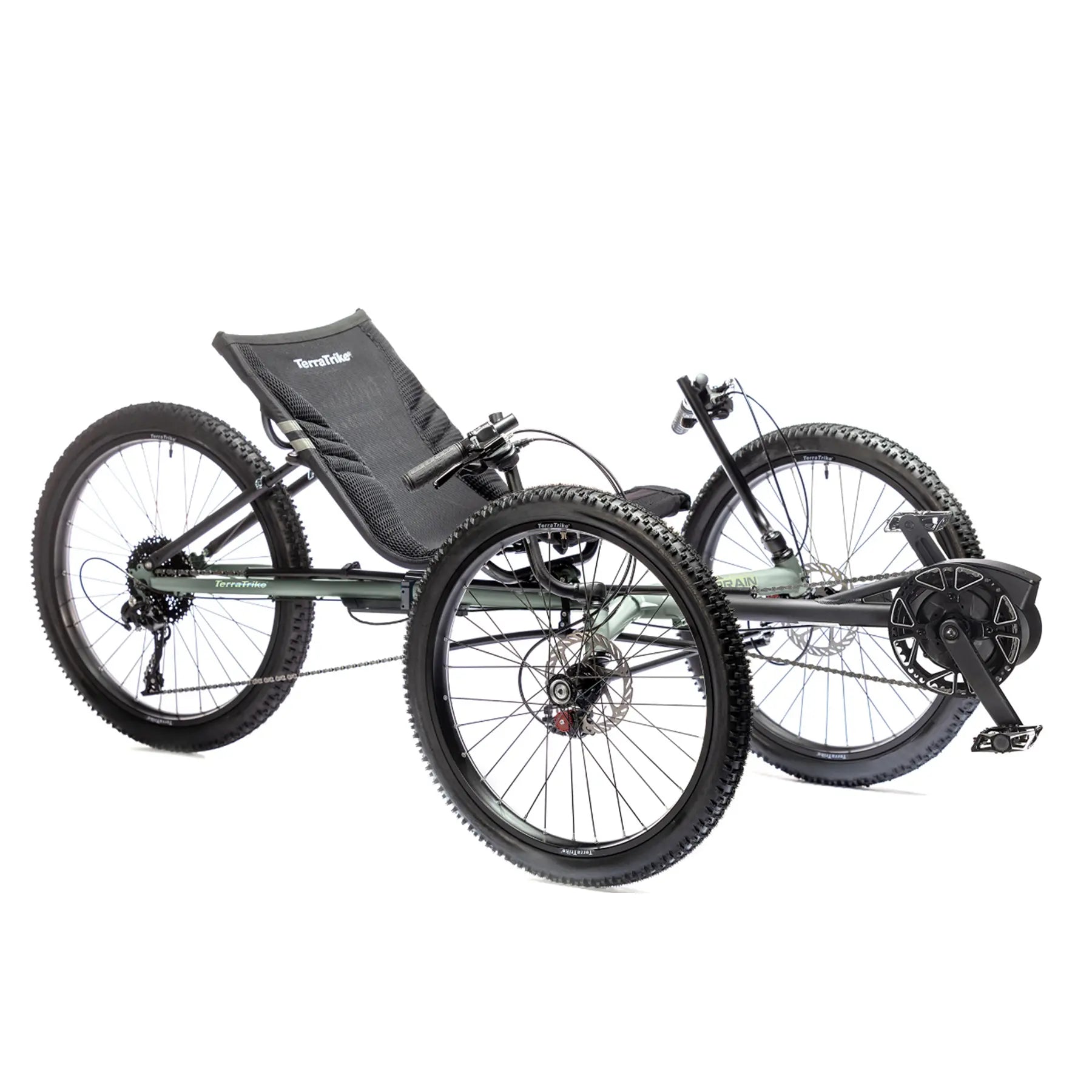 Angled side view of the TerraTrike All Terrain Graphite Grey e-Plus Recumbent Trike against a white background.