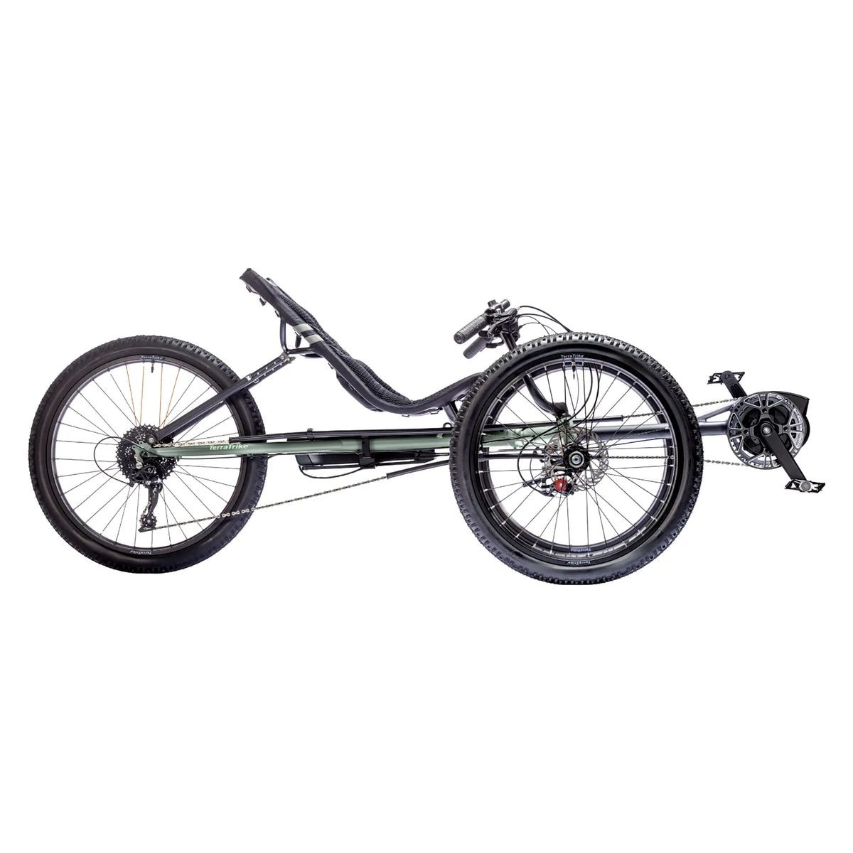 Side view of the TerraTrike All Terrain Graphite Grey e-Plus Recumbent Trike against a white background.