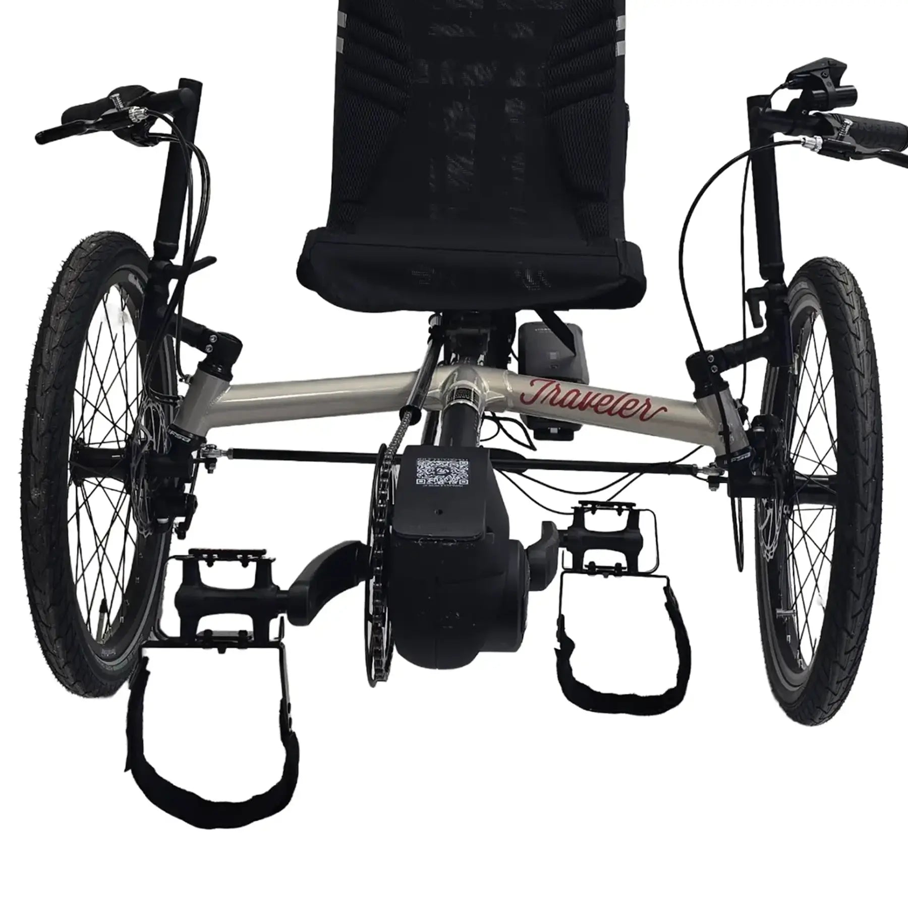 View of the TerraTrike Comfort Pedal Conversion Kit Pair mounted on a trike against a white background.
