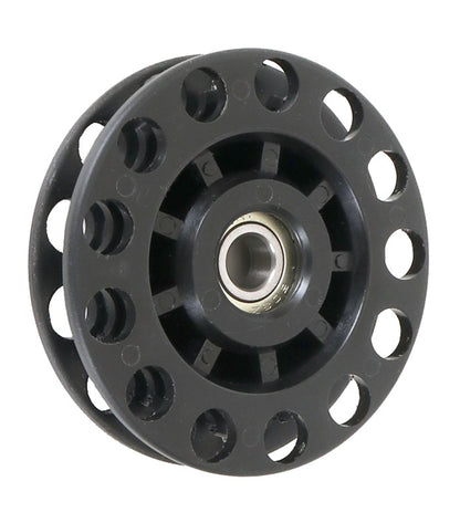 Back angled view of the TerraTrike Deluxe 13 Tooth Idler in black with bearing against a white background.