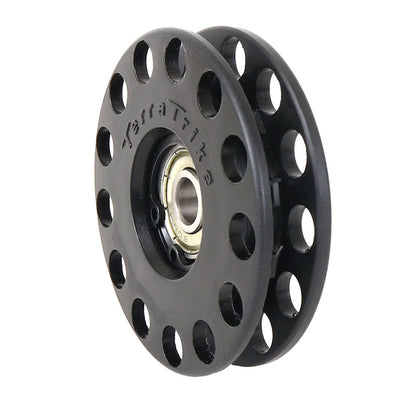 Front angled view of the TerraTrike Deluxe 13 Tooth Idler in black with bearing against a white background.