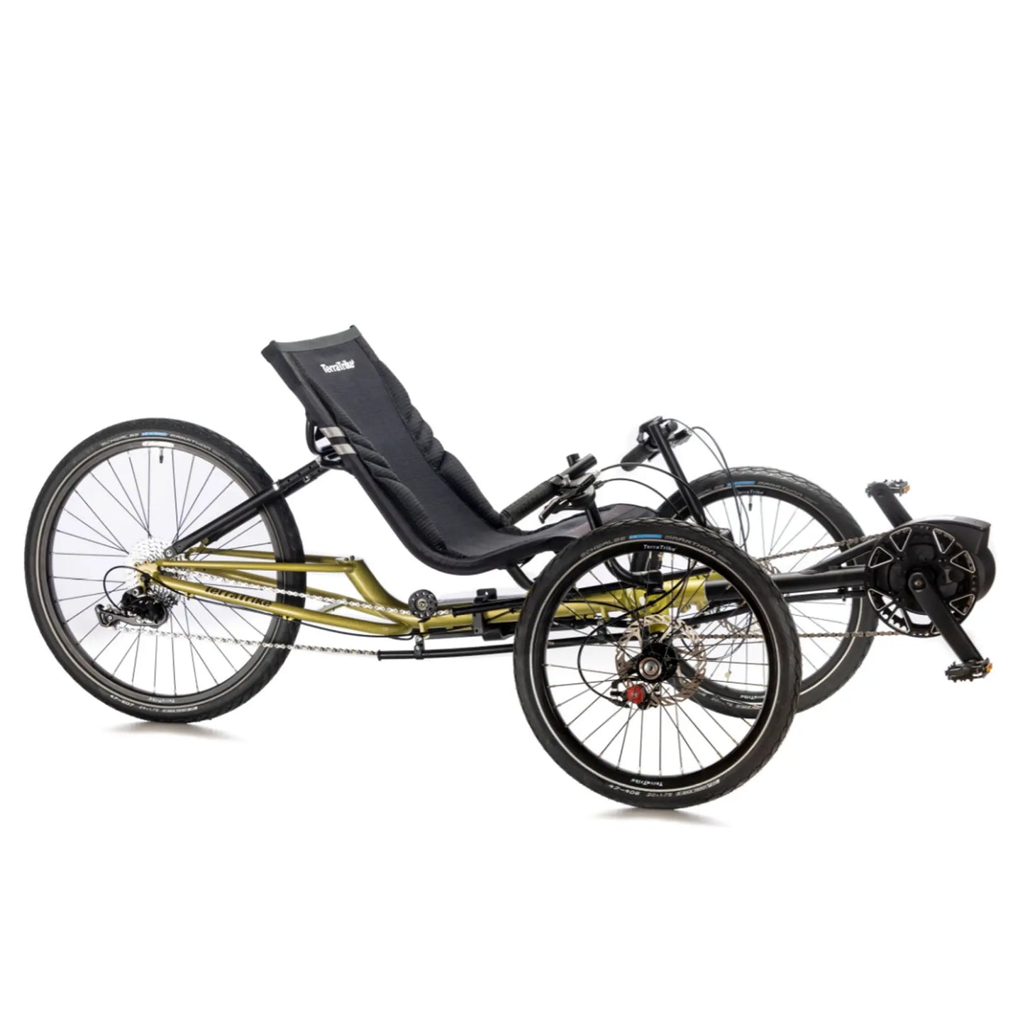 Angled side view of the TerraTrike E.V.O. Proton Green Recumbent Trike against a white background.