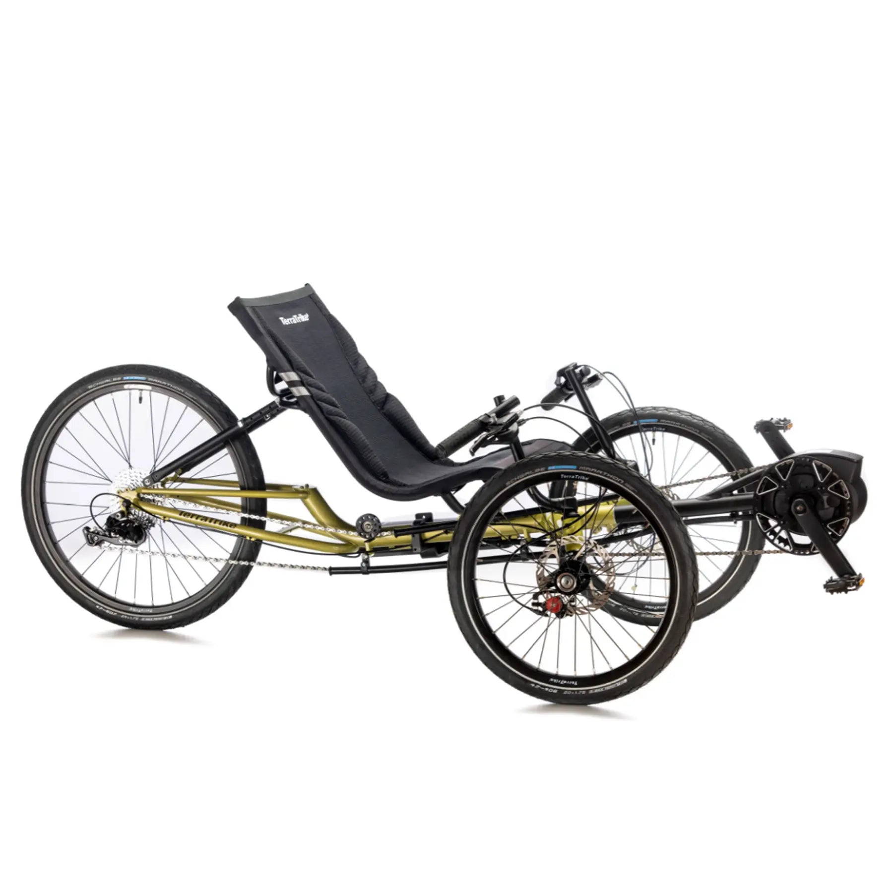 Angled side view of the TerraTrike E.V.O. Proton Green Recumbent Trike against a white background.