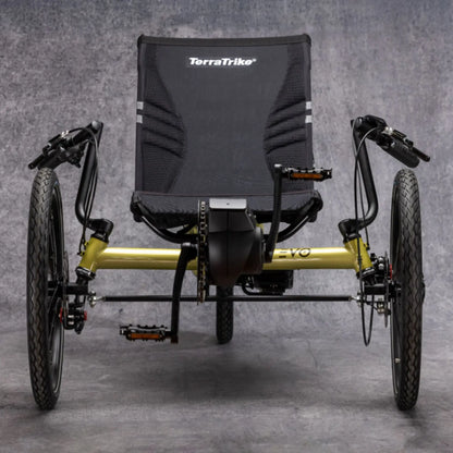 Front view of the TerraTrike E.V.O. Proton Green Recumbent Trike against a gray background.