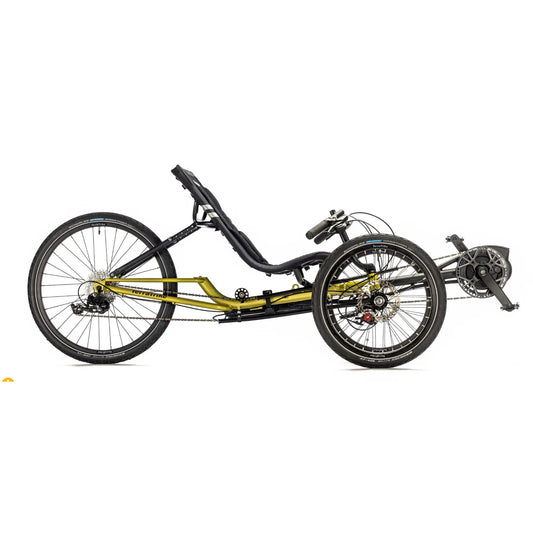 Side view of the TerraTrike E.V.O. Proton Green Recumbent Trike against a white background.