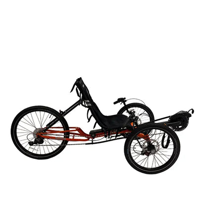 Side view of the TerraTrike Gran Tourismo e-Plus Flame On Recumbent Trike against a white background.