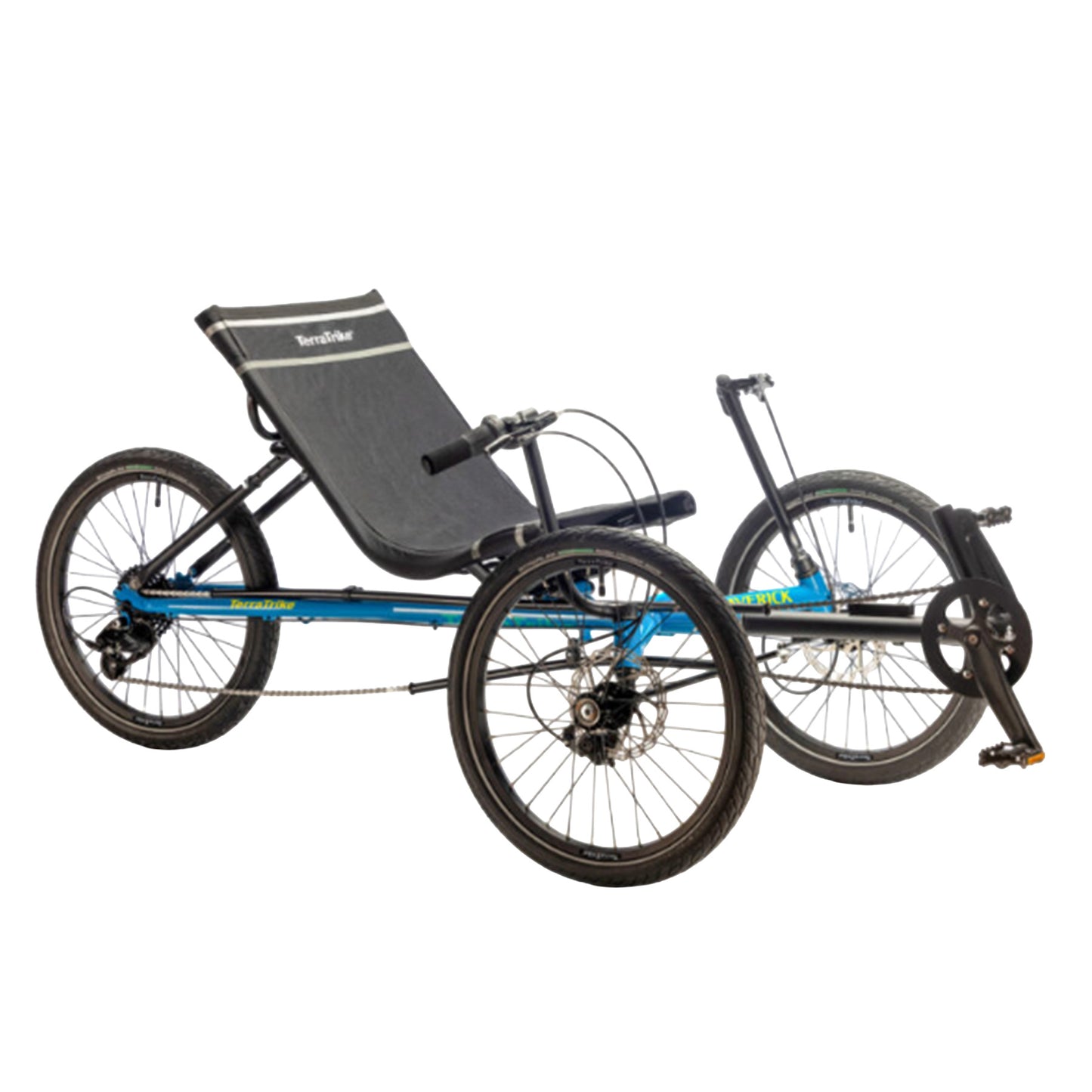 Angled side view of the TerraTrike Maverick Eiffel Blue Recumbent Trike against a white background.