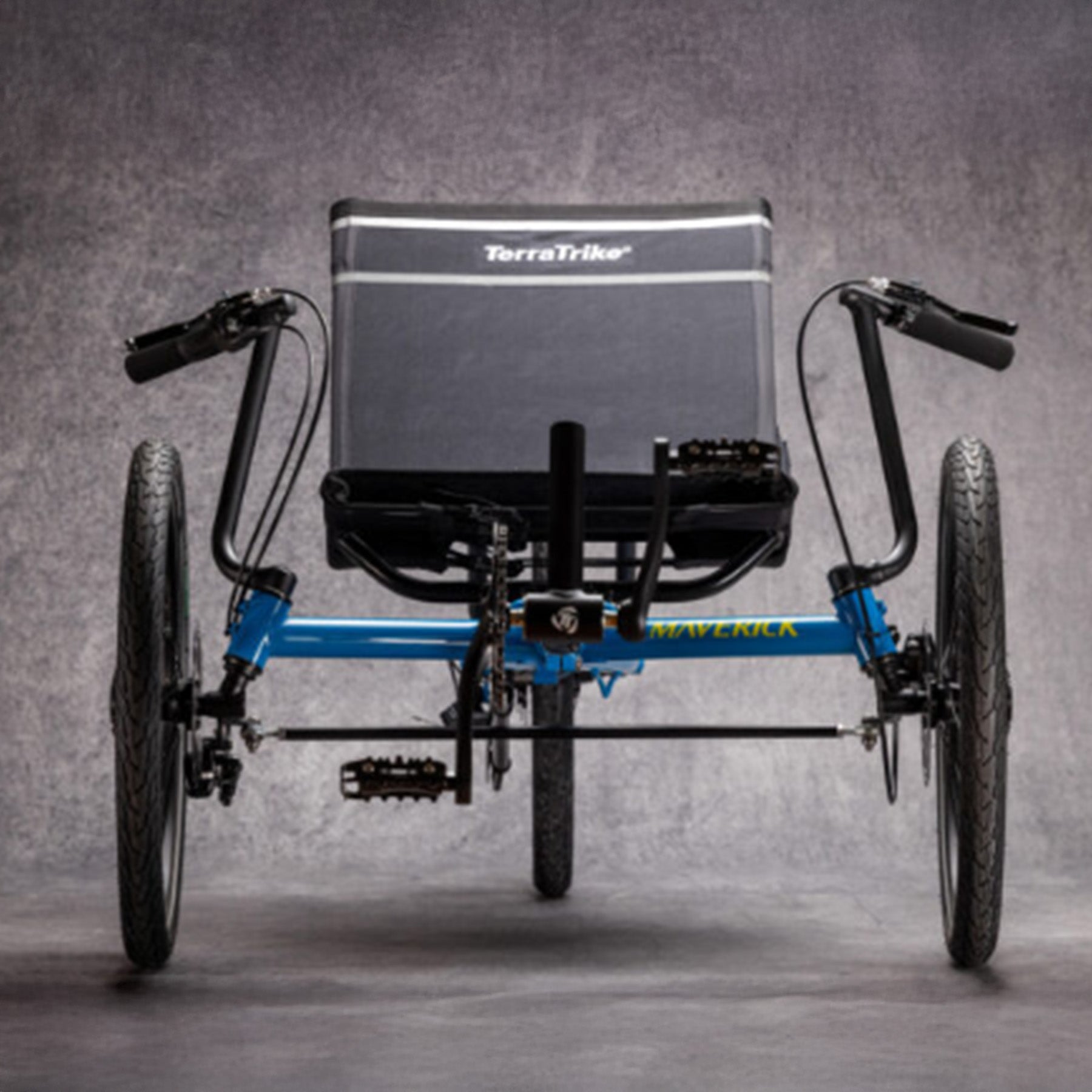Front view of the TerraTrike Maverick Eiffel Blue Recumbent Trike against a grey background.