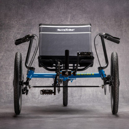 Front view of the TerraTrike Maverick Eiffel Blue Recumbent Trike against a grey background.