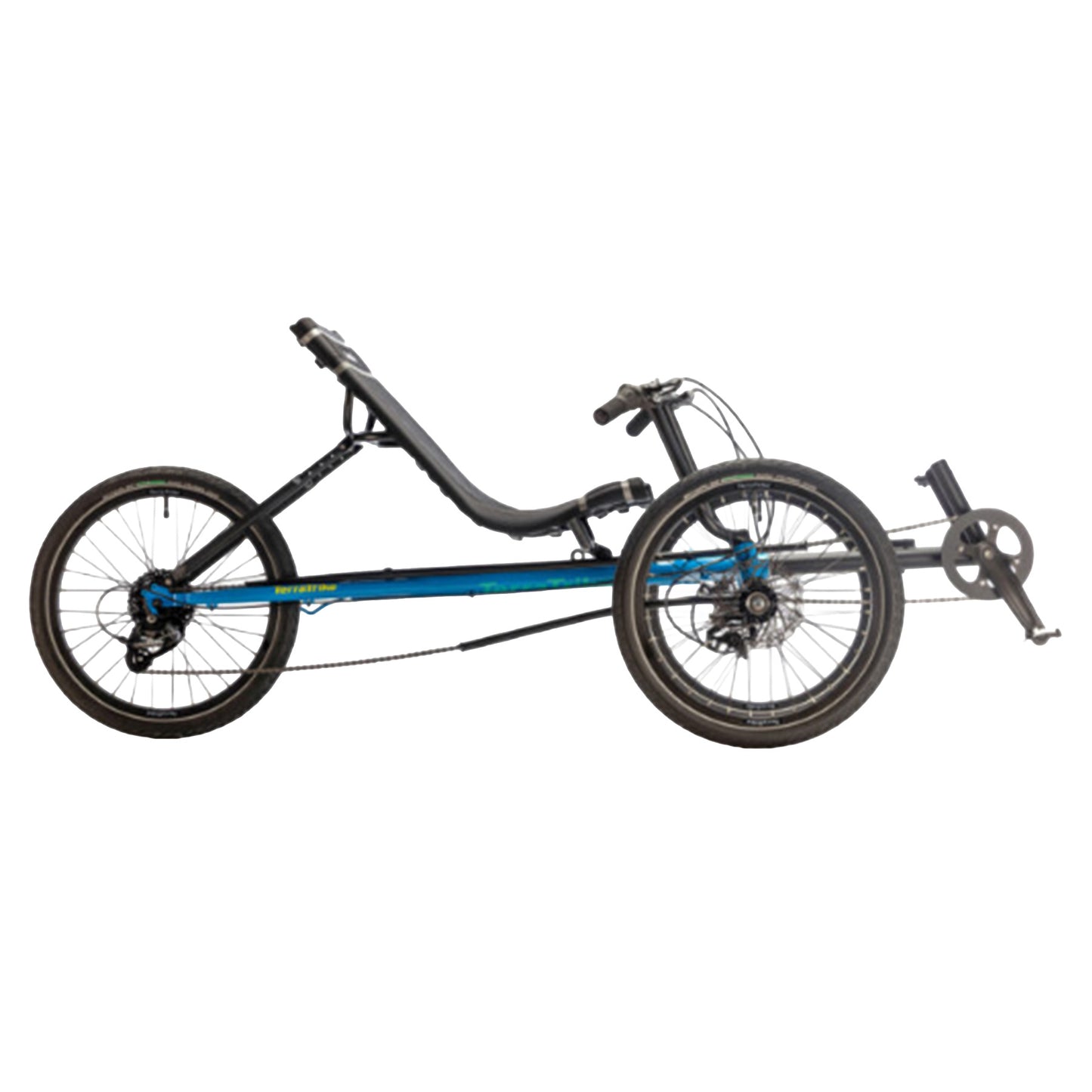 Side view of the TerraTrike Maverick Eiffel Blue Recumbent Trike against a white background.