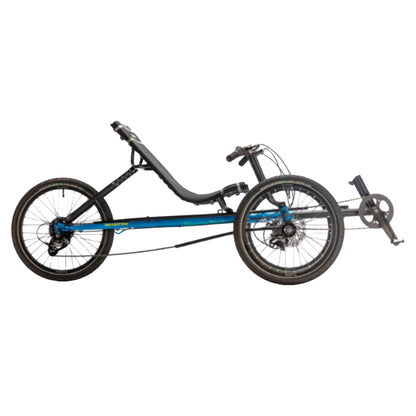 Side view of the TerraTrike Maverick Eiffel Blue Recumbent Trike against a white background.