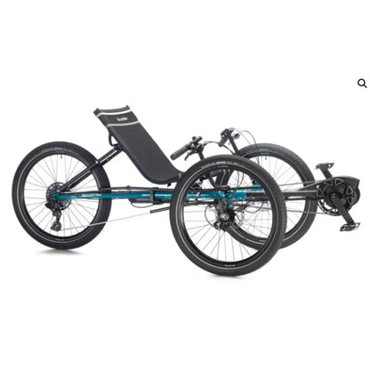 Angled side view of the TerraTrike Rambler E-Plus Recumbent Trike in Gemstone against a white background.