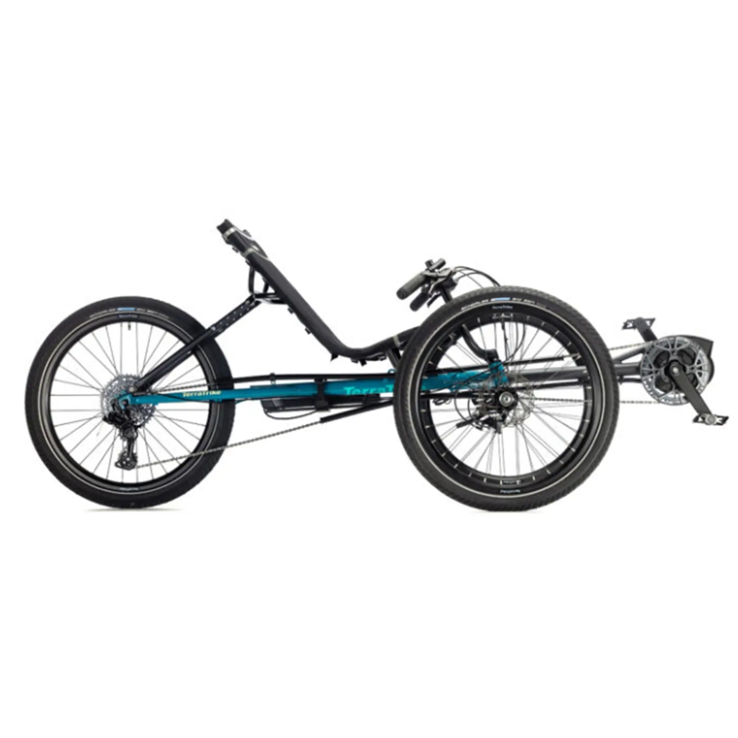 Side view of the TerraTrike Rambler E-Plus Recumbent Trike in Gemstone against a white background.