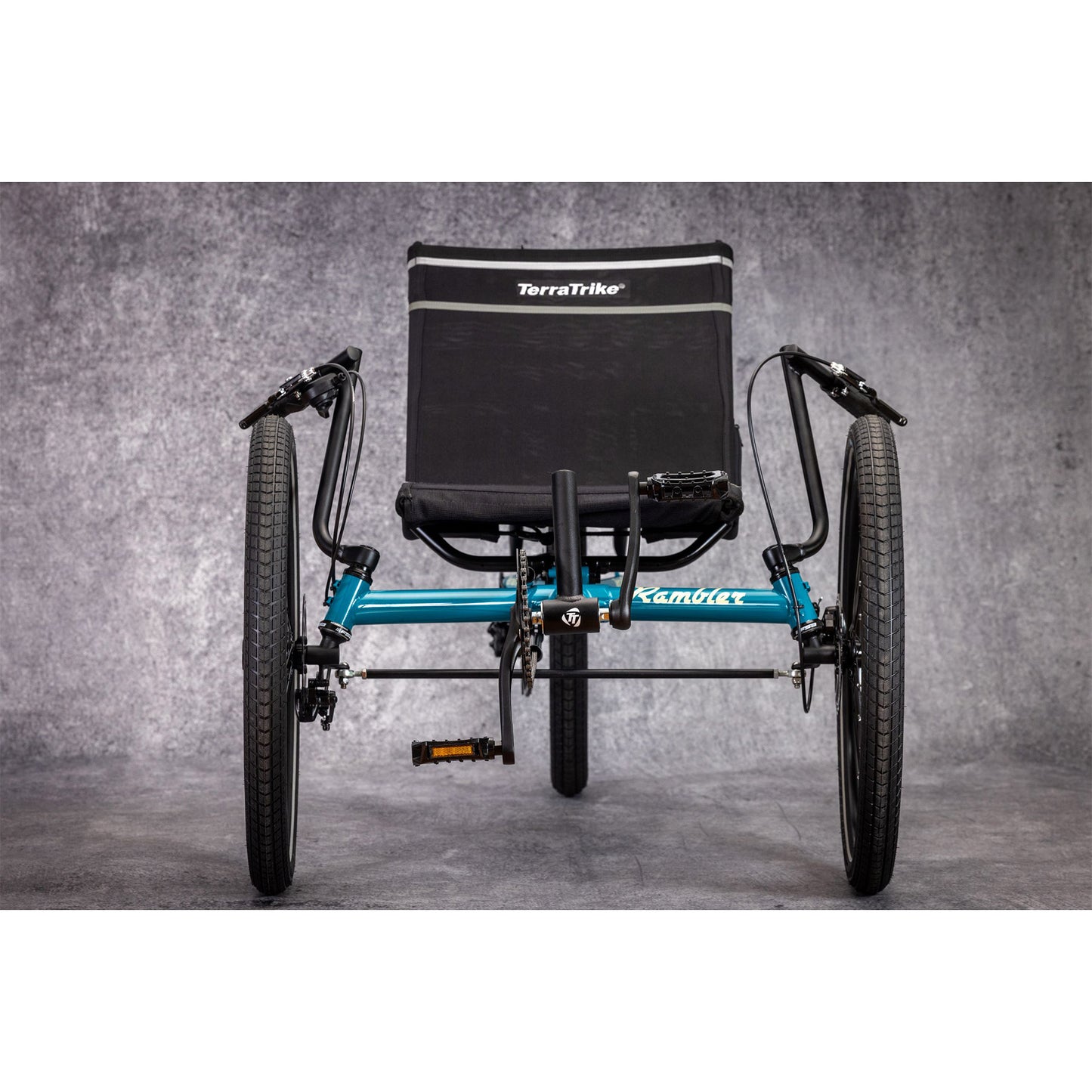 Front view of the Terratrike Rambler Recumbent Trike in Gemstone. 