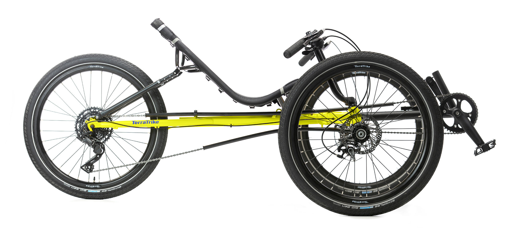 Side view of the Terratrike Rambler Recumbent Trike in Salted Grass. 