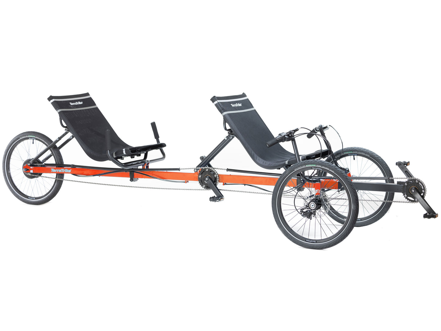 Angled side view of the TerraTrike Rover Tandem Recumbent Trike in Habanero Orange against a white background.