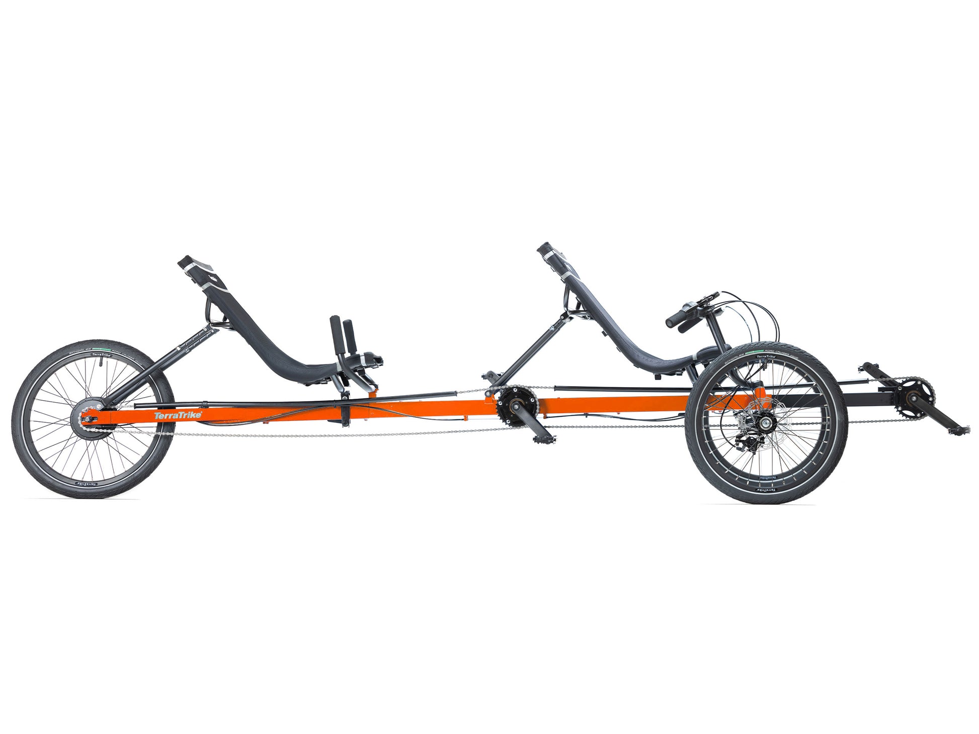 Side view of the TerraTrike Rover Tandem Recumbent Trike in Habanero Orange against a white background.