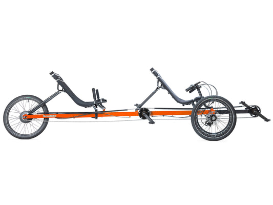 Side view of the TerraTrike Rover Tandem Recumbent Trike in Habanero Orange against a white background.