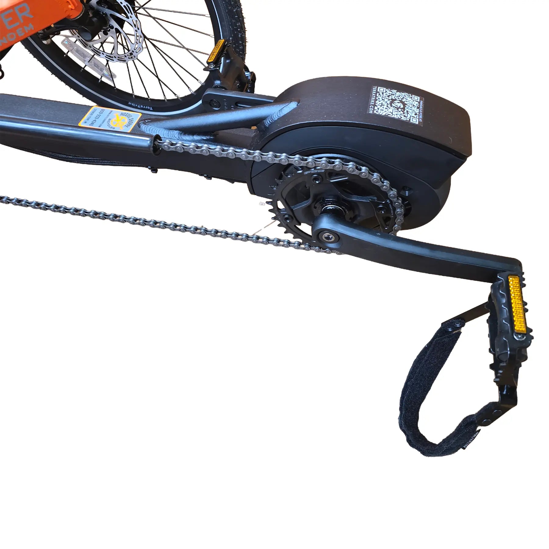 Closeup view of the crankset and Bosch motor on the TerraTrike Rover Tandem e-Plus Habanero Recumbent Trike against a white background.