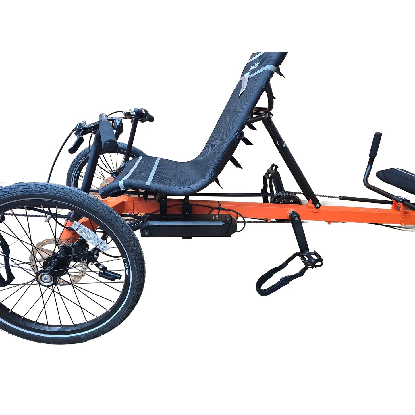 Closeup view of the battery and the front seat on the TerraTrike Rover Tandem e-Plus Habanero Recumbent Trike against a white background.